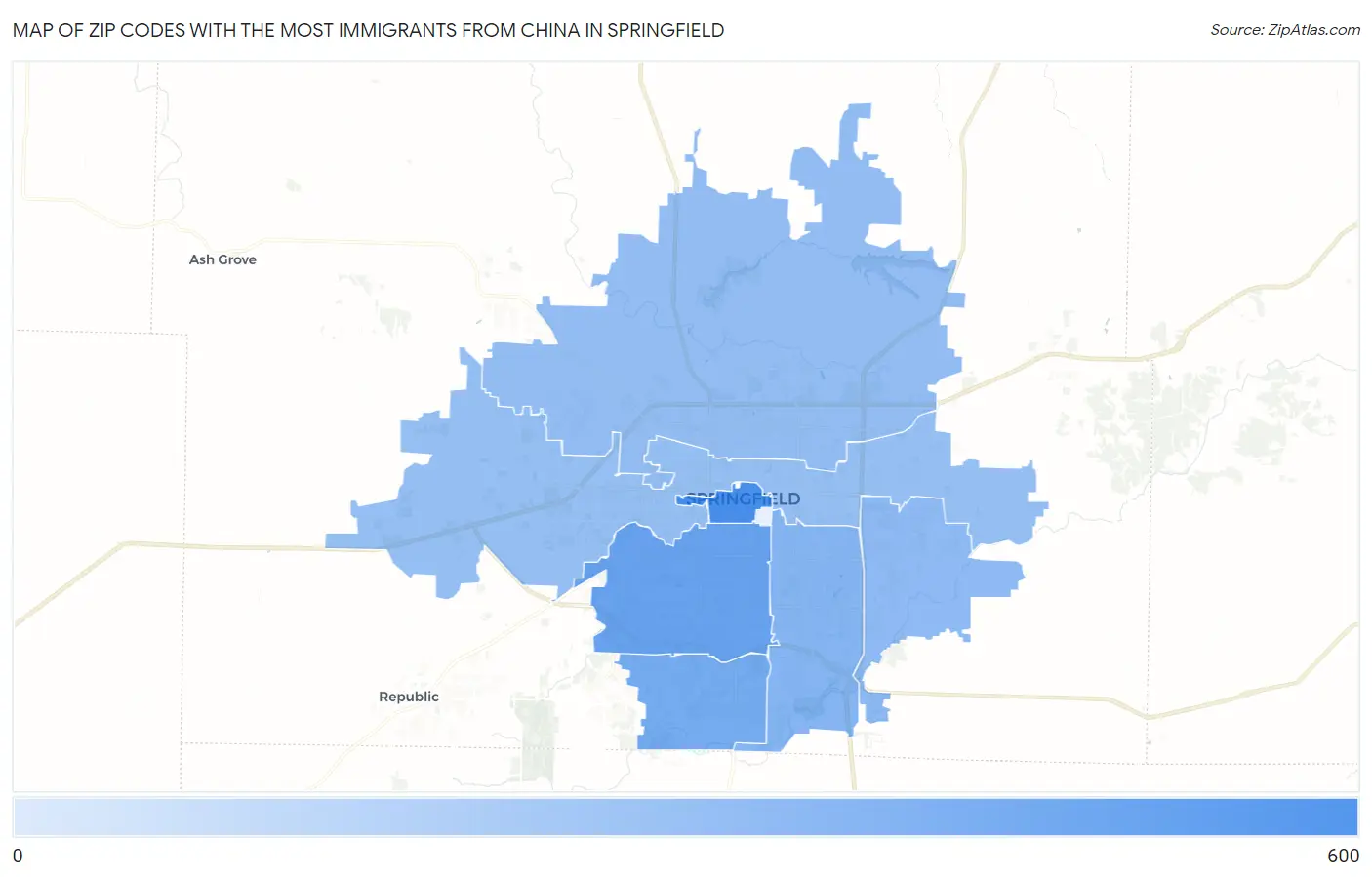Zip Codes with the Most Immigrants from China in Springfield Map