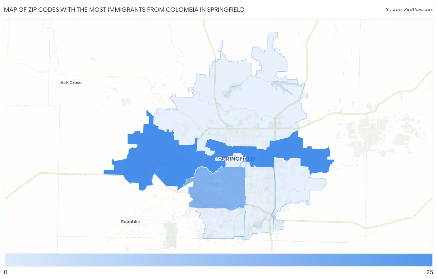 Zip Codes with the Most Immigrants from Colombia in Springfield Map