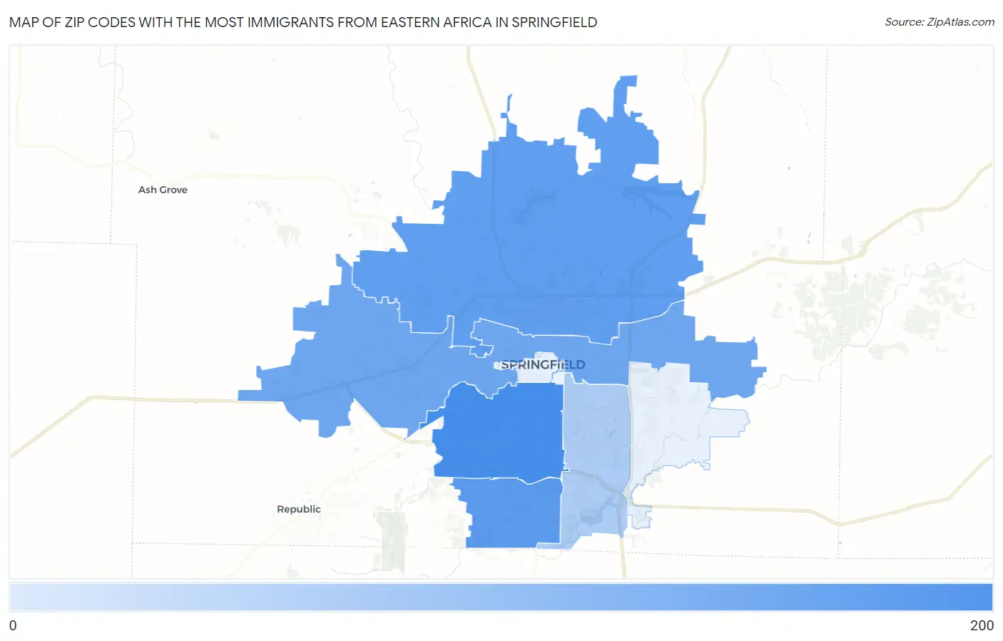 Zip Codes with the Most Immigrants from Eastern Africa in Springfield Map