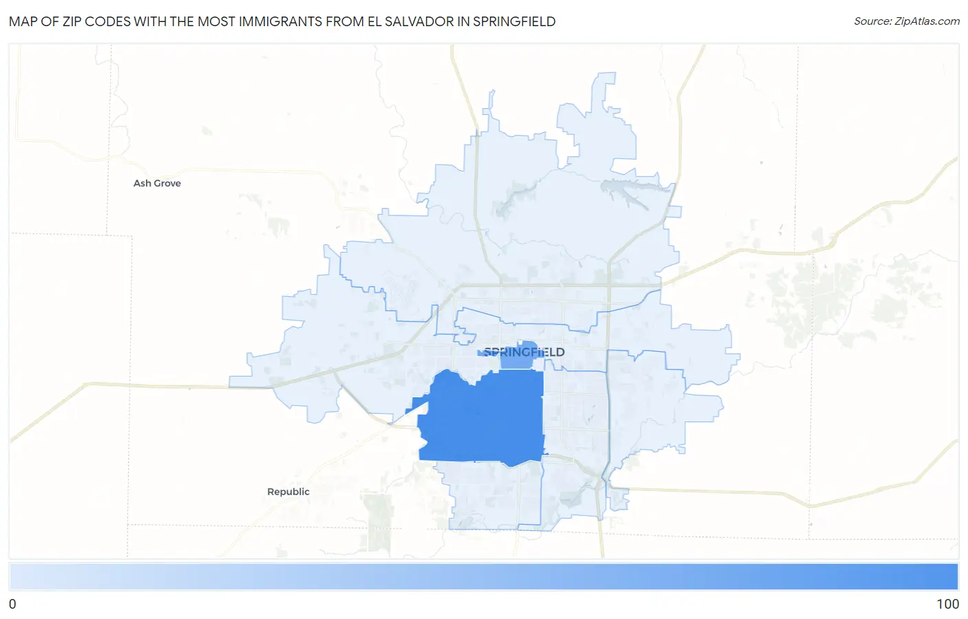 Zip Codes with the Most Immigrants from El Salvador in Springfield Map