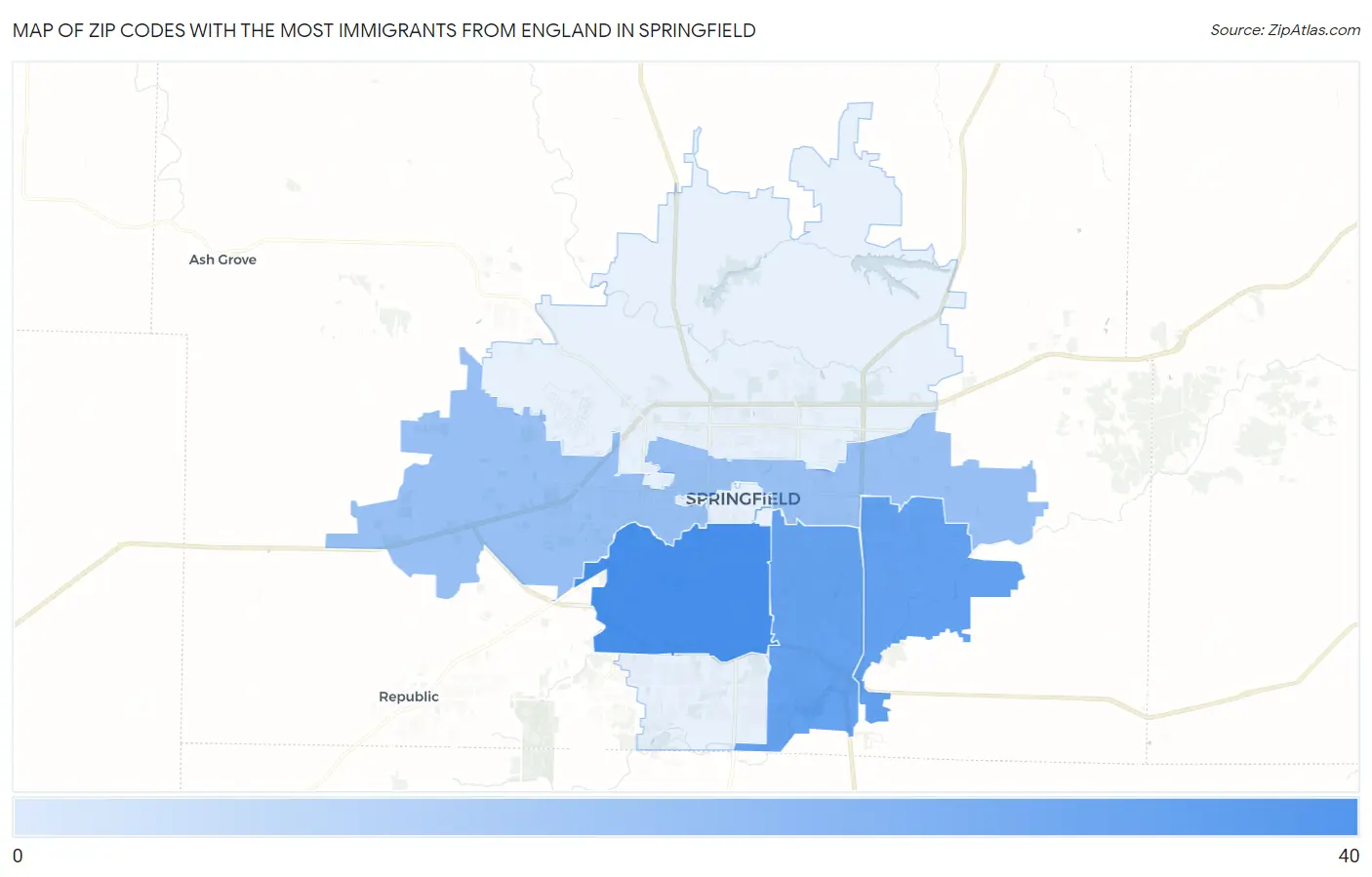 Zip Codes with the Most Immigrants from England in Springfield Map