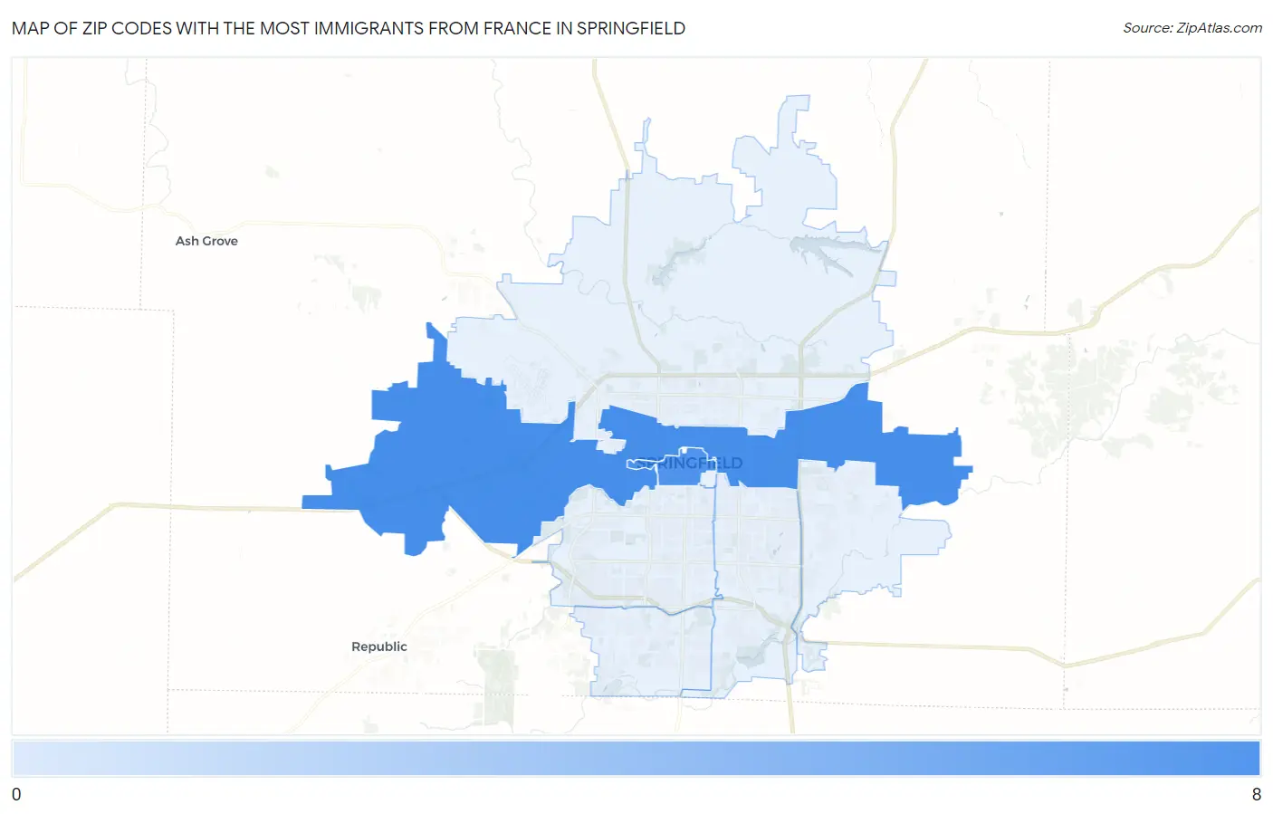 Zip Codes with the Most Immigrants from France in Springfield Map