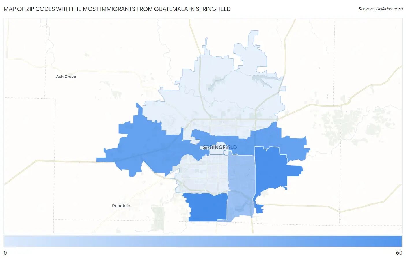 Zip Codes with the Most Immigrants from Guatemala in Springfield Map