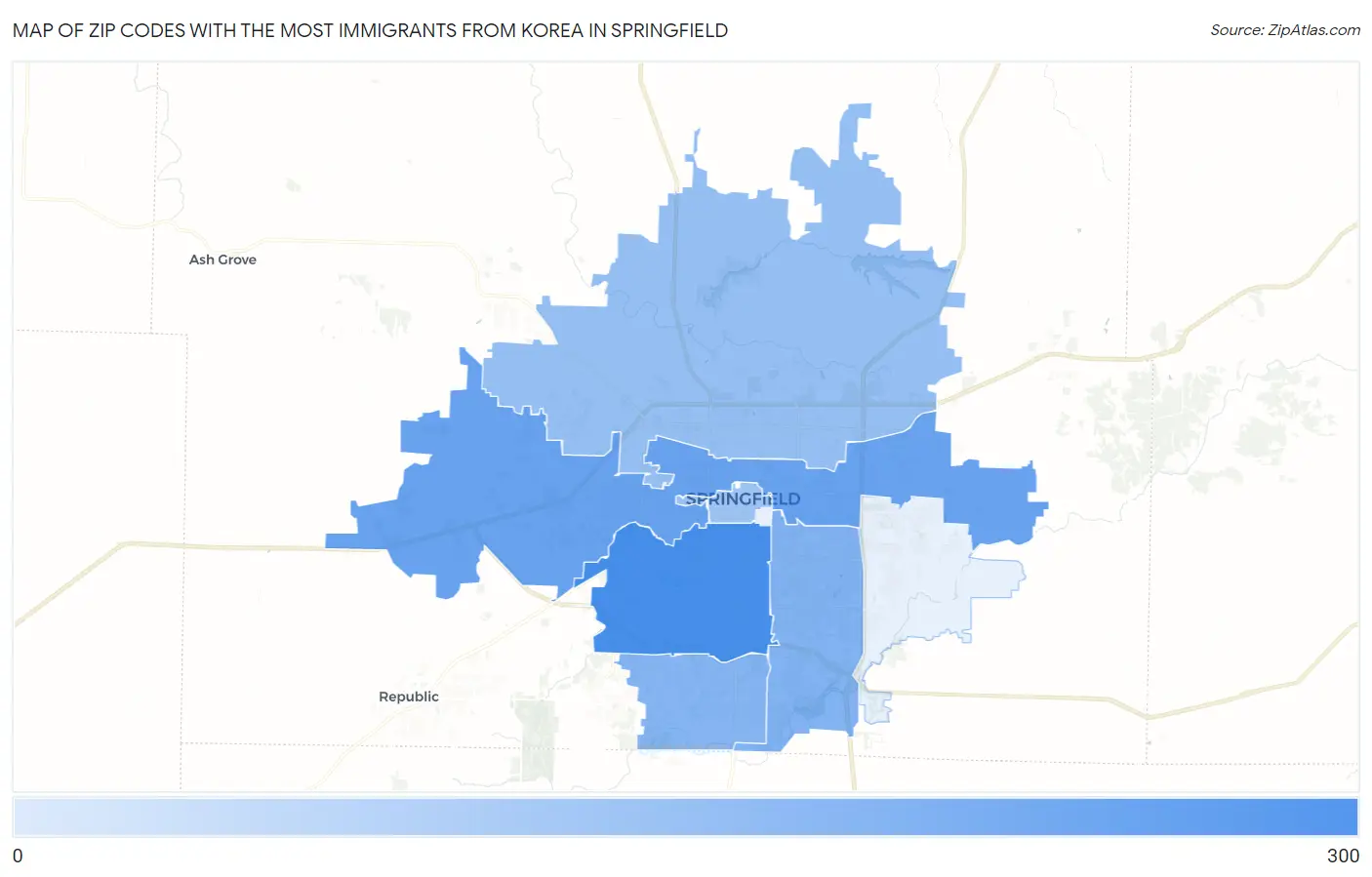 Zip Codes with the Most Immigrants from Korea in Springfield Map
