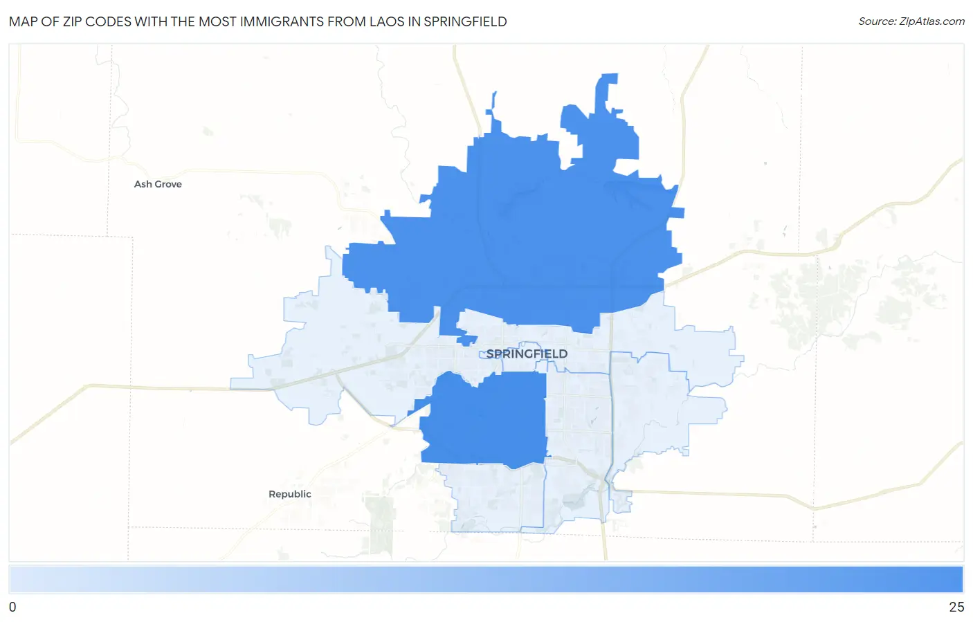Zip Codes with the Most Immigrants from Laos in Springfield Map