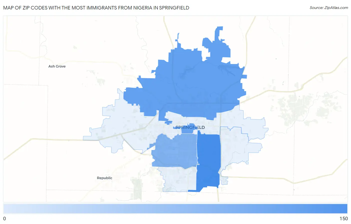 Zip Codes with the Most Immigrants from Nigeria in Springfield Map