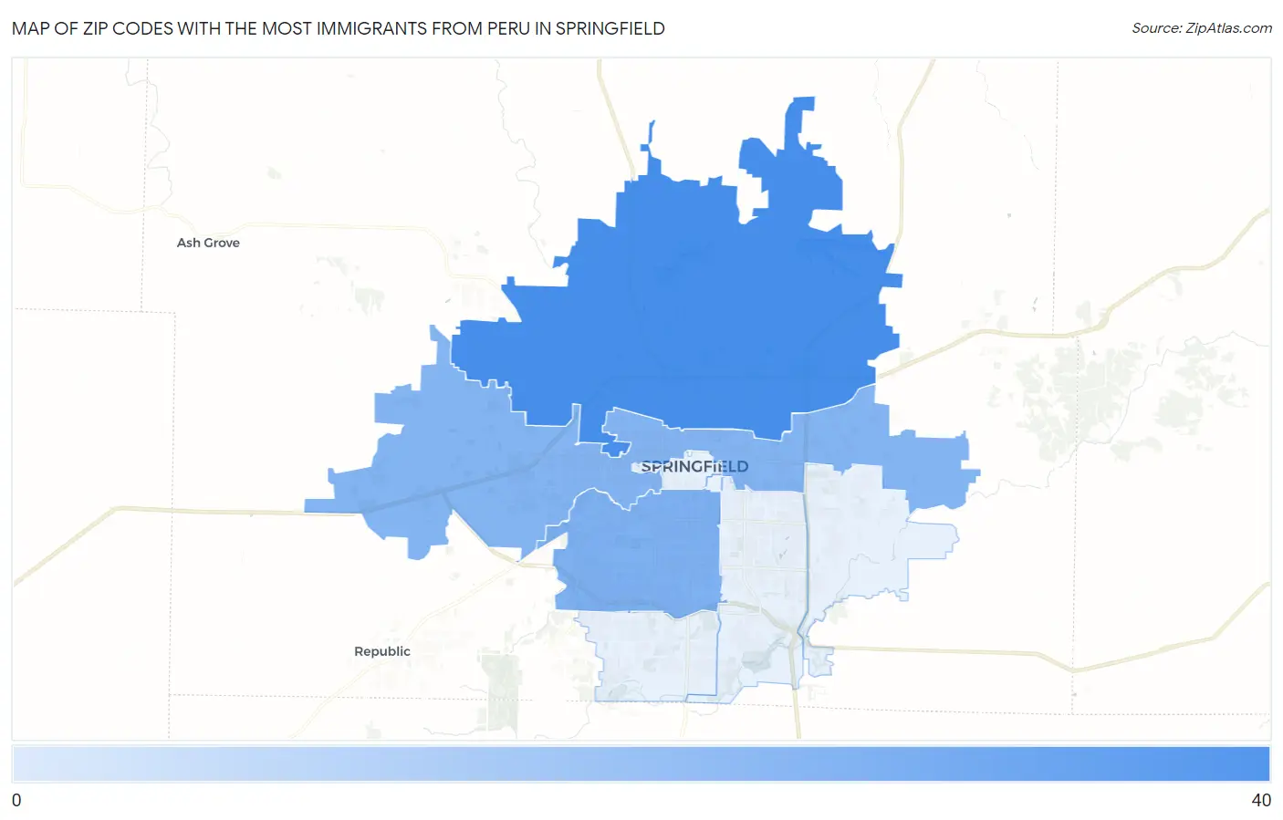 Zip Codes with the Most Immigrants from Peru in Springfield Map