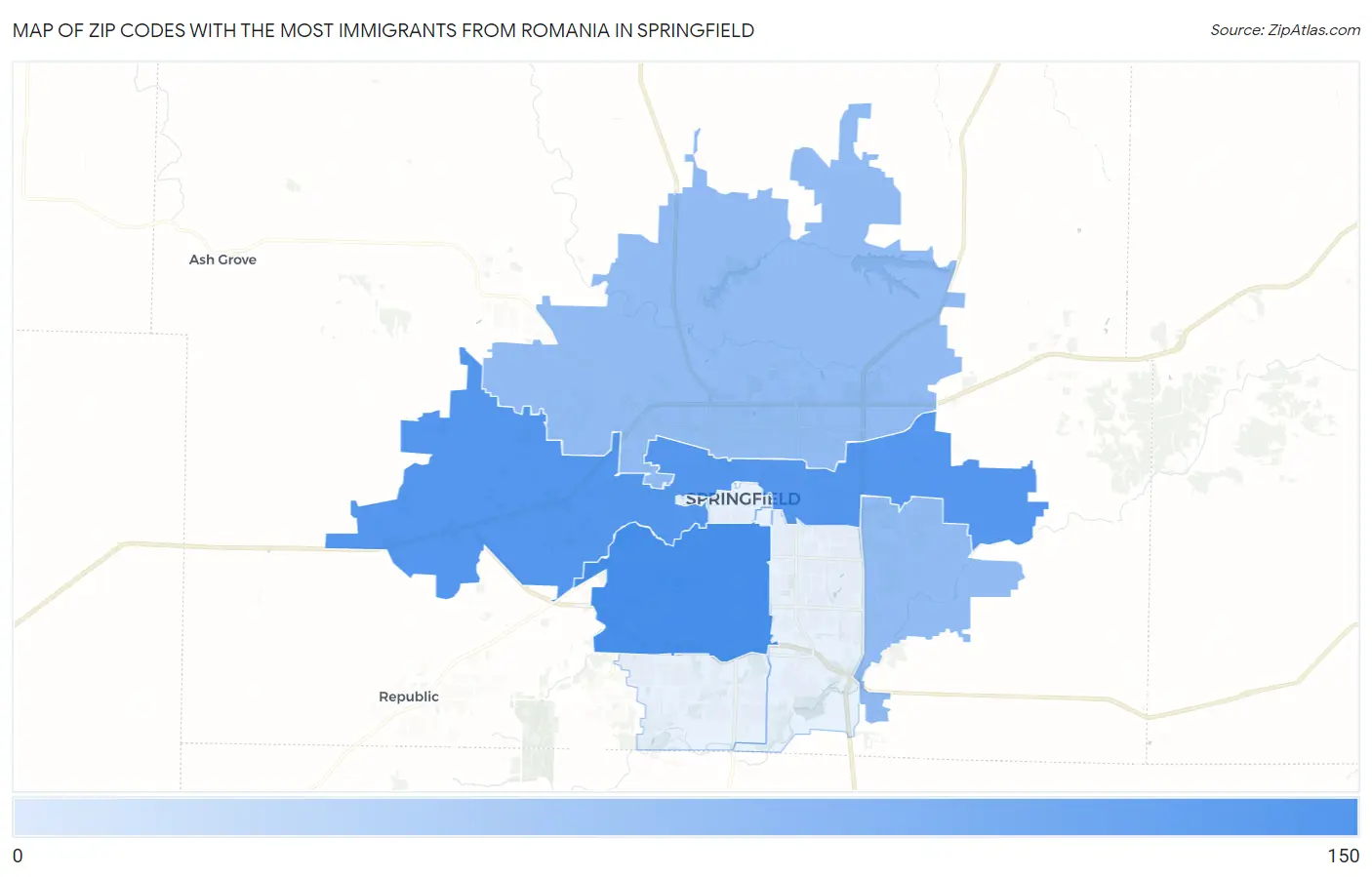 Zip Codes with the Most Immigrants from Romania in Springfield Map