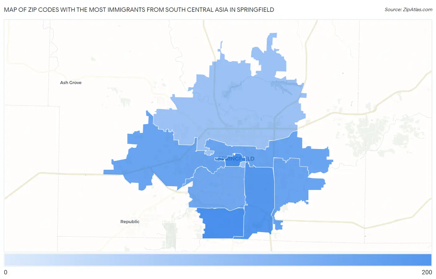 Zip Codes with the Most Immigrants from South Central Asia in Springfield Map