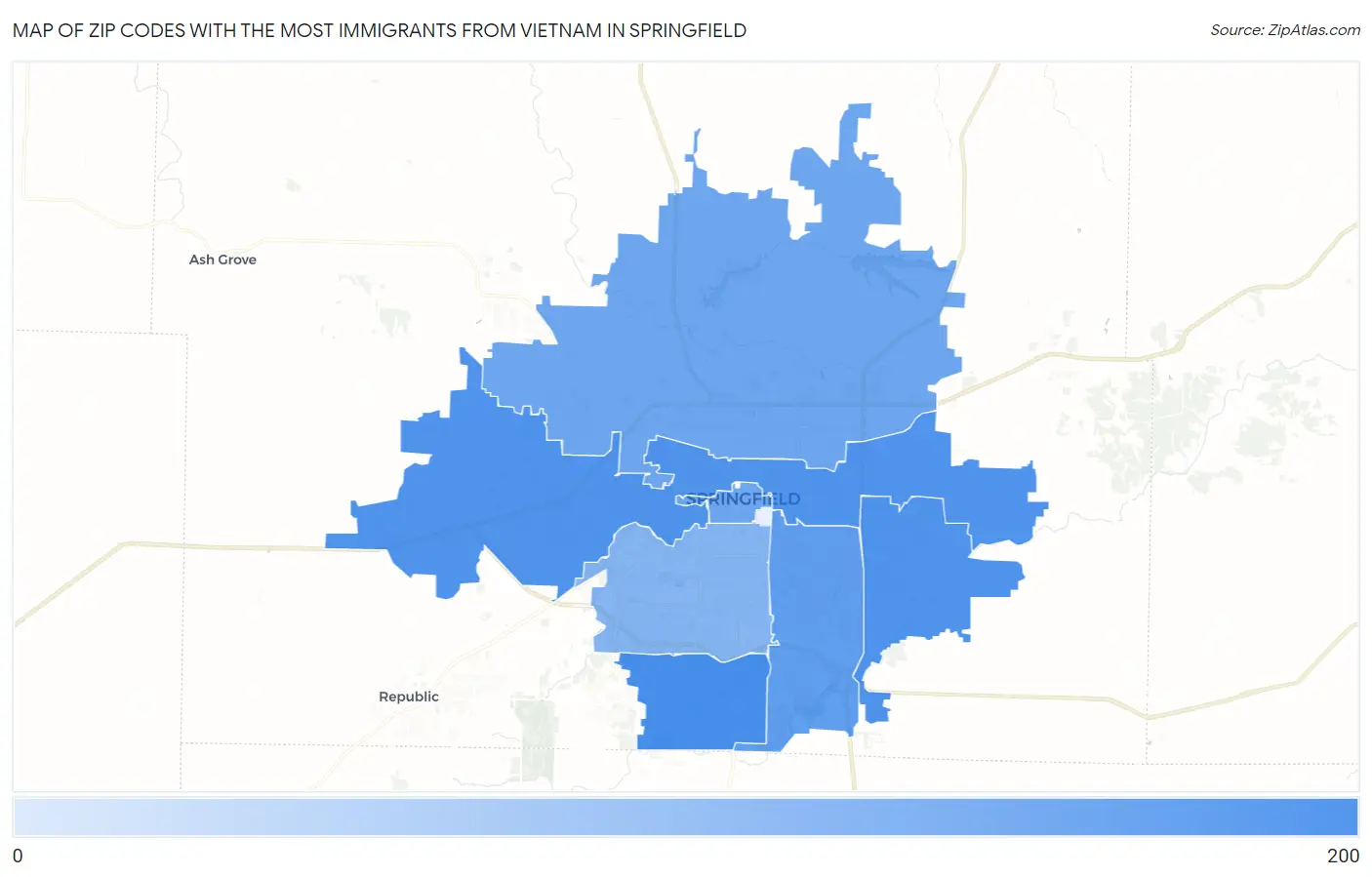 Zip Codes with the Most Immigrants from Vietnam in Springfield Map