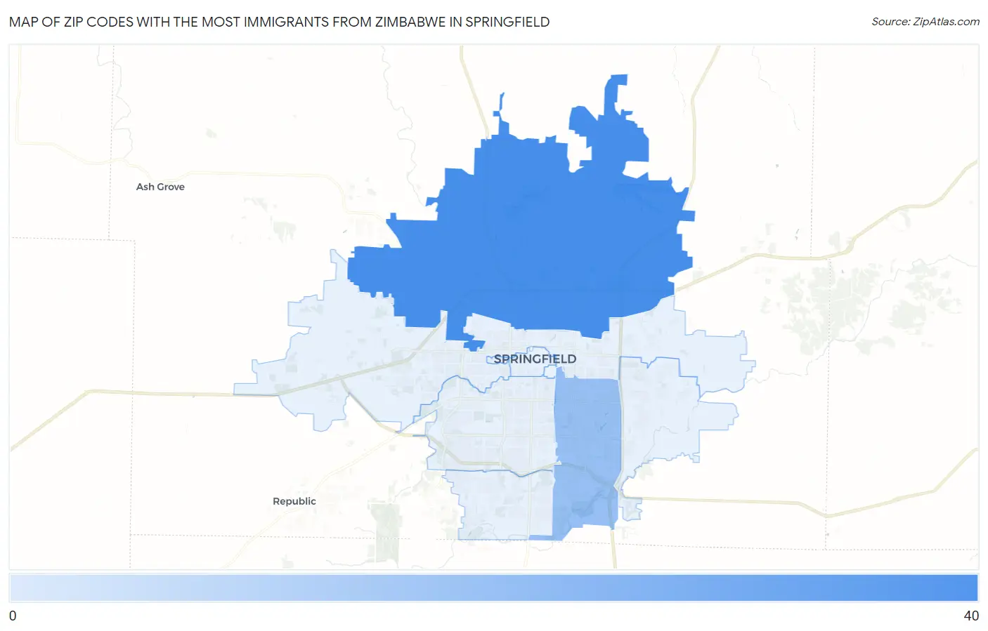 Zip Codes with the Most Immigrants from Zimbabwe in Springfield Map