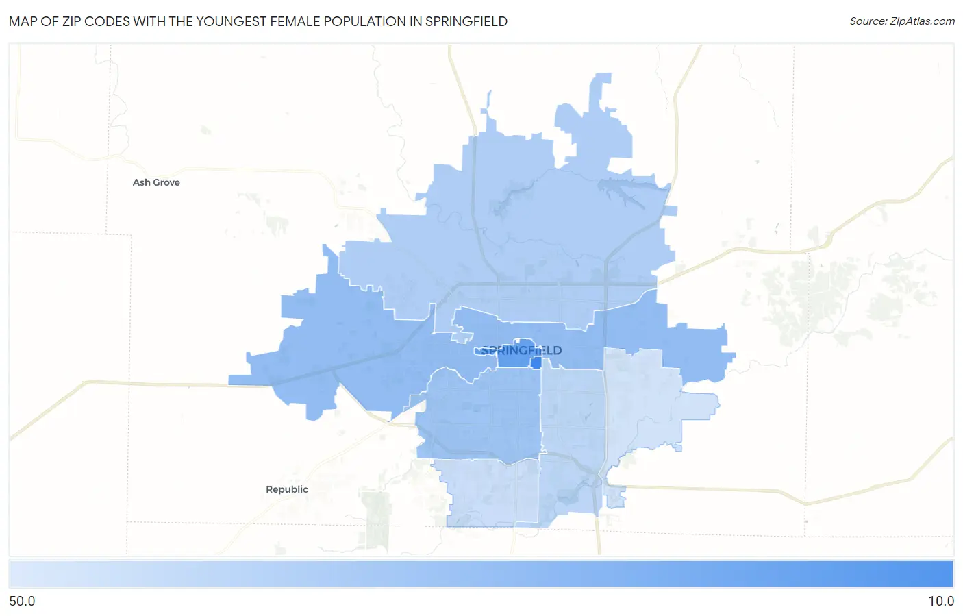 Zip Codes with the Youngest Female Population in Springfield Map