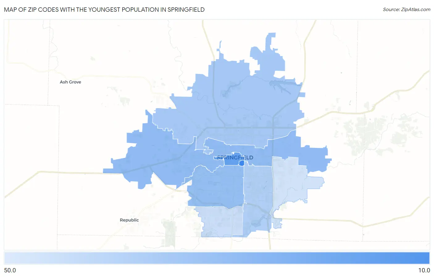 Zip Codes with the Youngest Population in Springfield Map