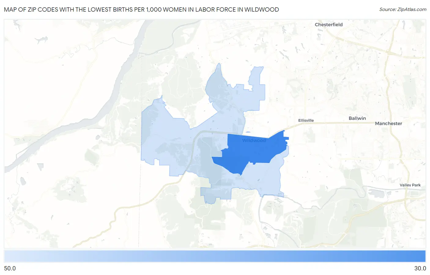 Zip Codes with the Lowest Births per 1,000 Women in Labor Force in Wildwood Map