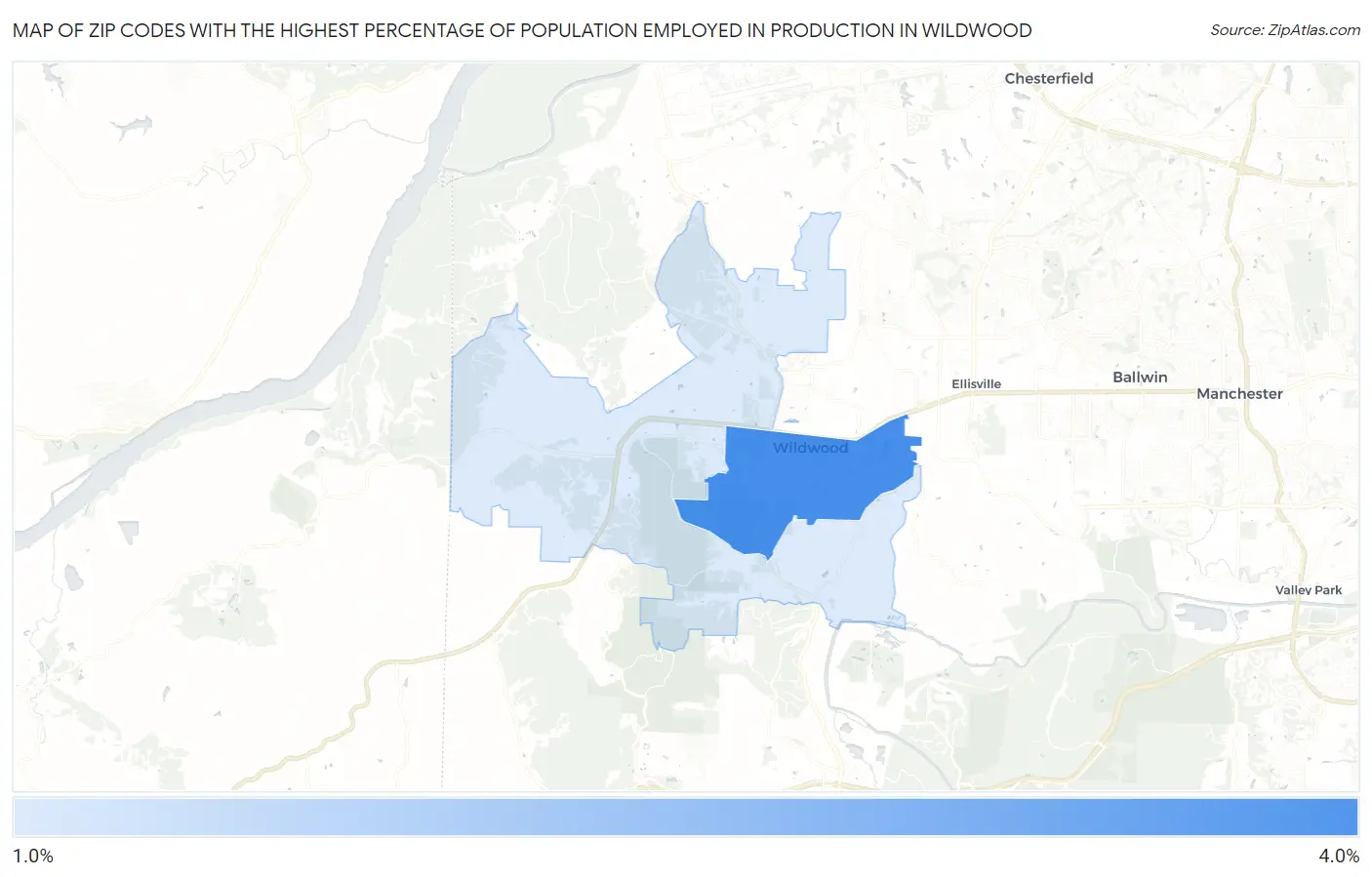 Zip Codes with the Highest Percentage of Population Employed in Production in Wildwood Map