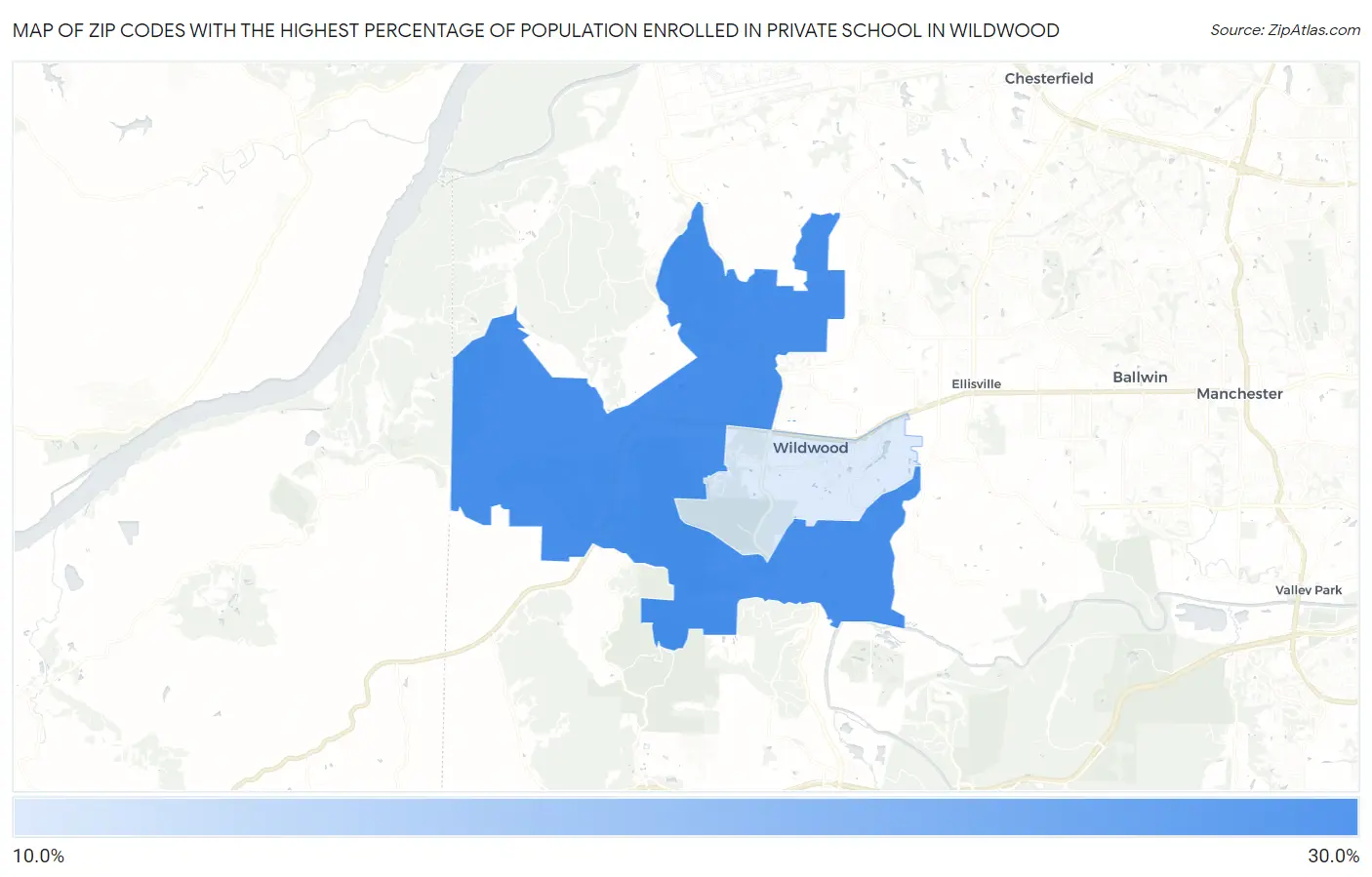 Zip Codes with the Highest Percentage of Population Enrolled in Private School in Wildwood Map