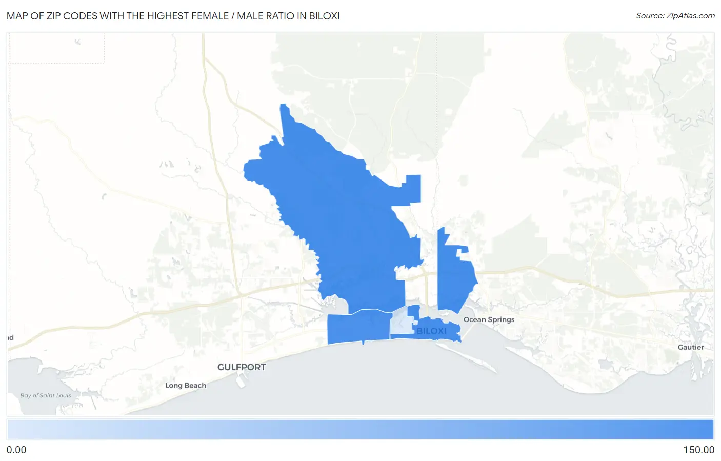 Zip Codes with the Highest Female / Male Ratio in Biloxi Map
