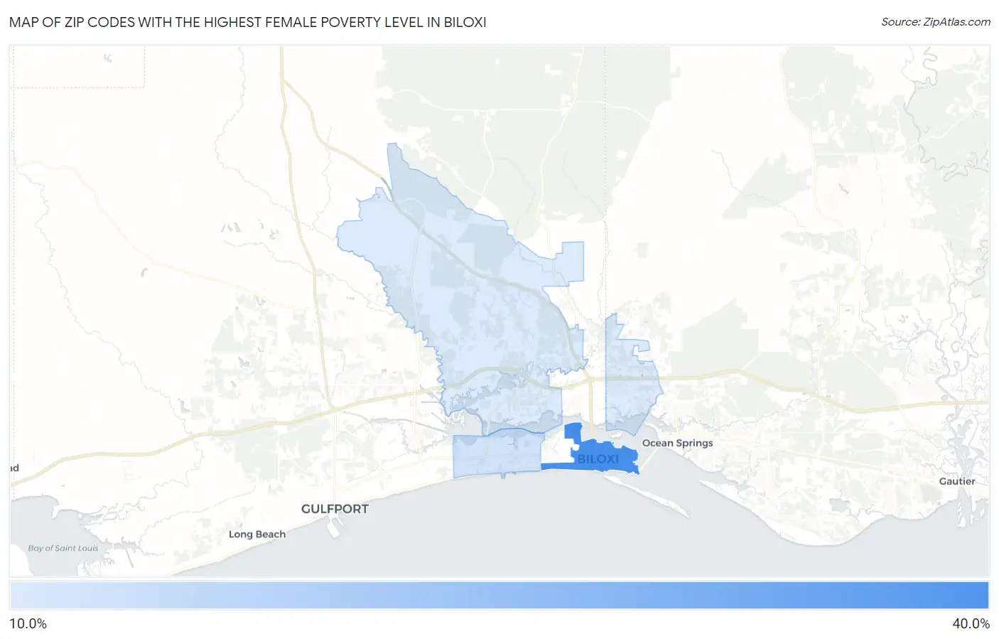 Zip Codes with the Highest Female Poverty Level in Biloxi Map