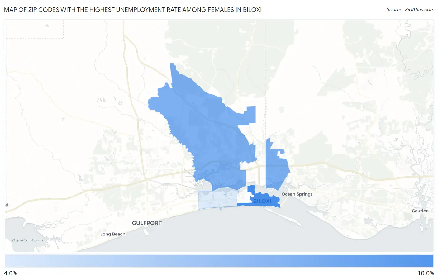 Zip Codes with the Highest Unemployment Rate Among Females in Biloxi Map