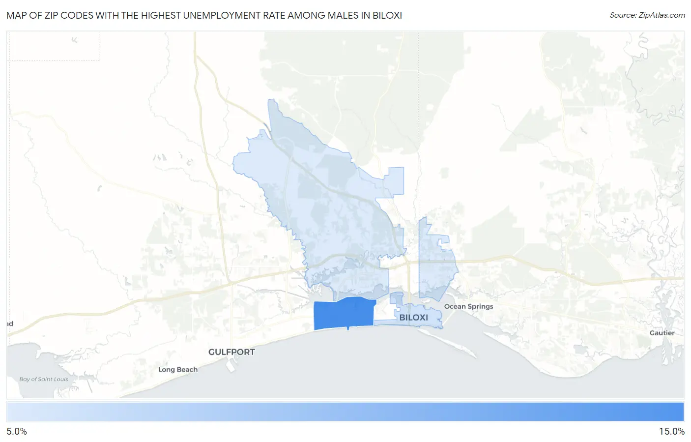Zip Codes with the Highest Unemployment Rate Among Males in Biloxi Map