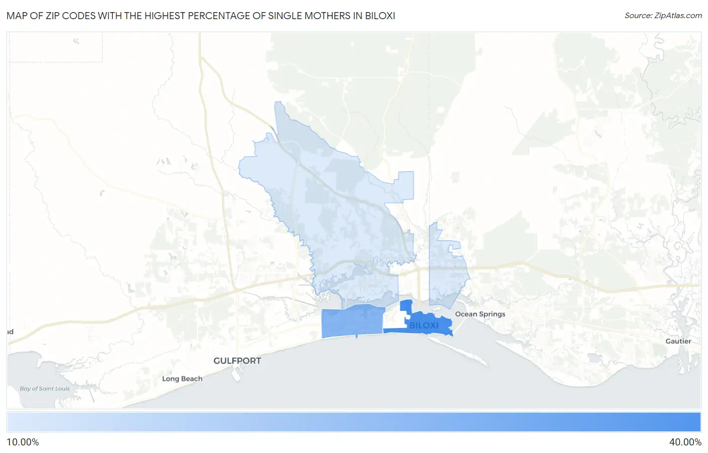 Zip Codes with the Highest Percentage of Single Mothers in Biloxi Map