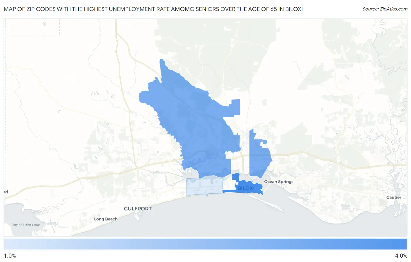Zip Codes with the Highest Unemployment Rate Amomg Seniors Over the Age of 65 in Biloxi Map