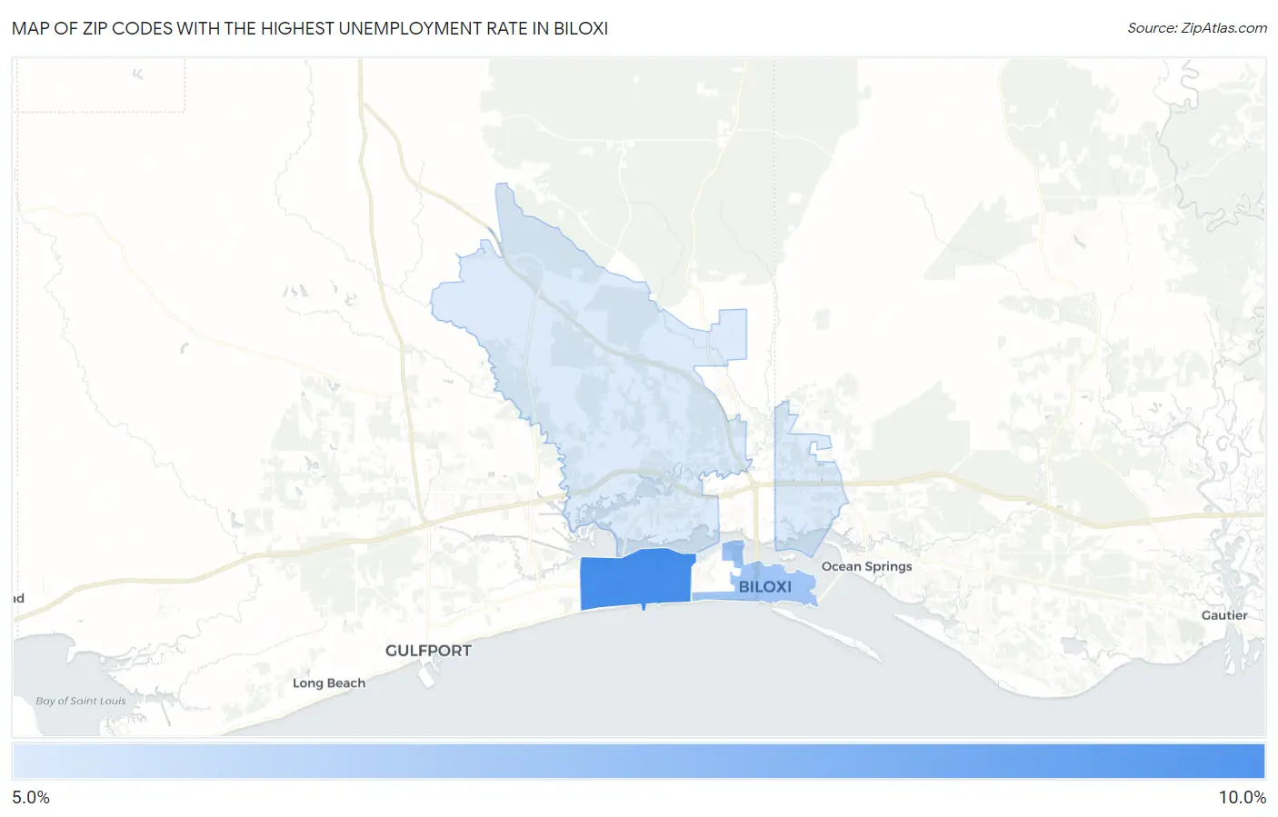 Zip Codes with the Highest Unemployment Rate in Biloxi Map