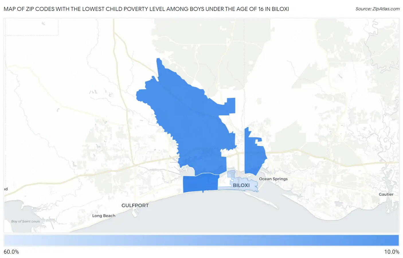 Zip Codes with the Lowest Child Poverty Level Among Boys Under the Age of 16 in Biloxi Map