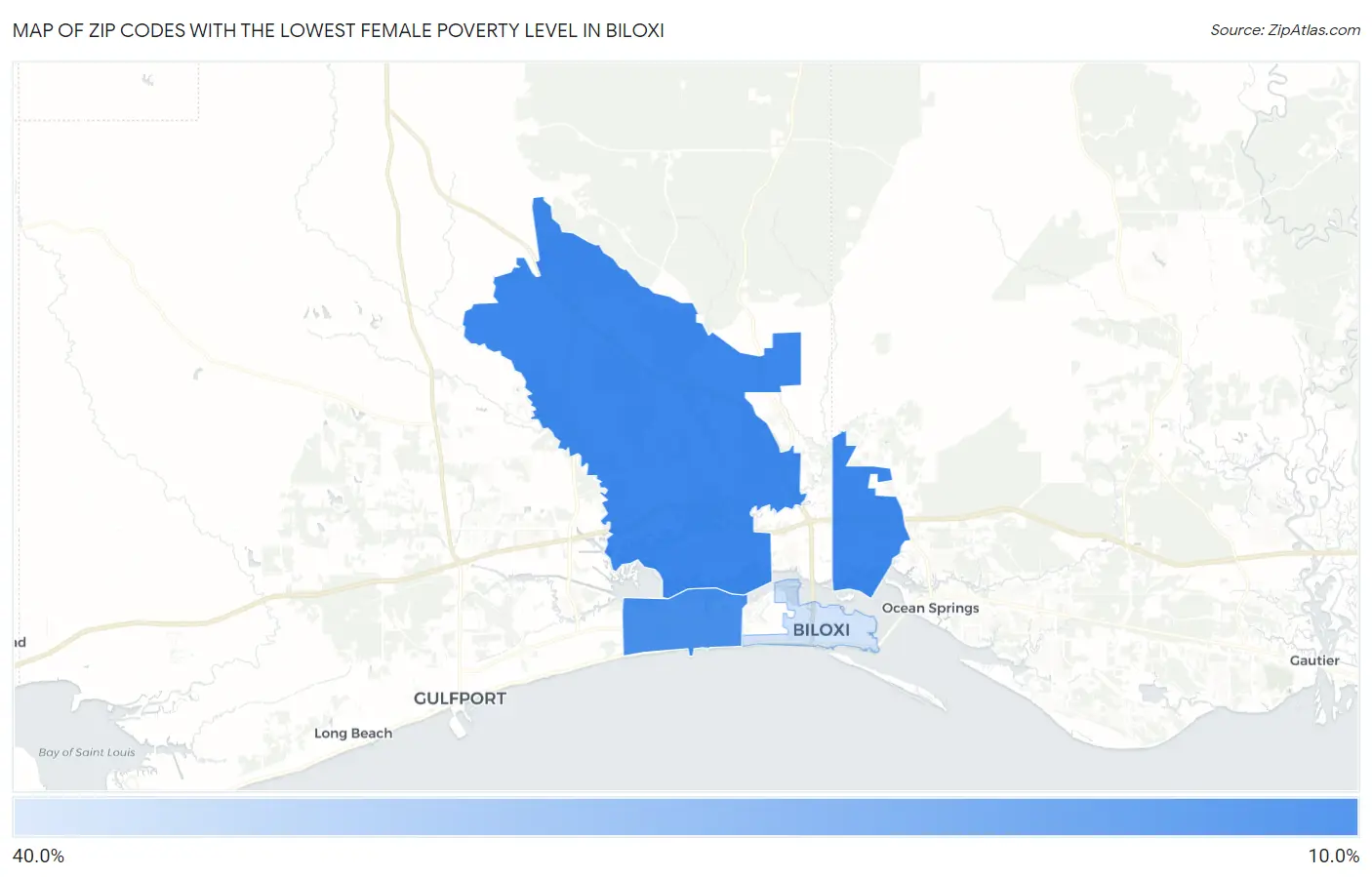 Zip Codes with the Lowest Female Poverty Level in Biloxi Map