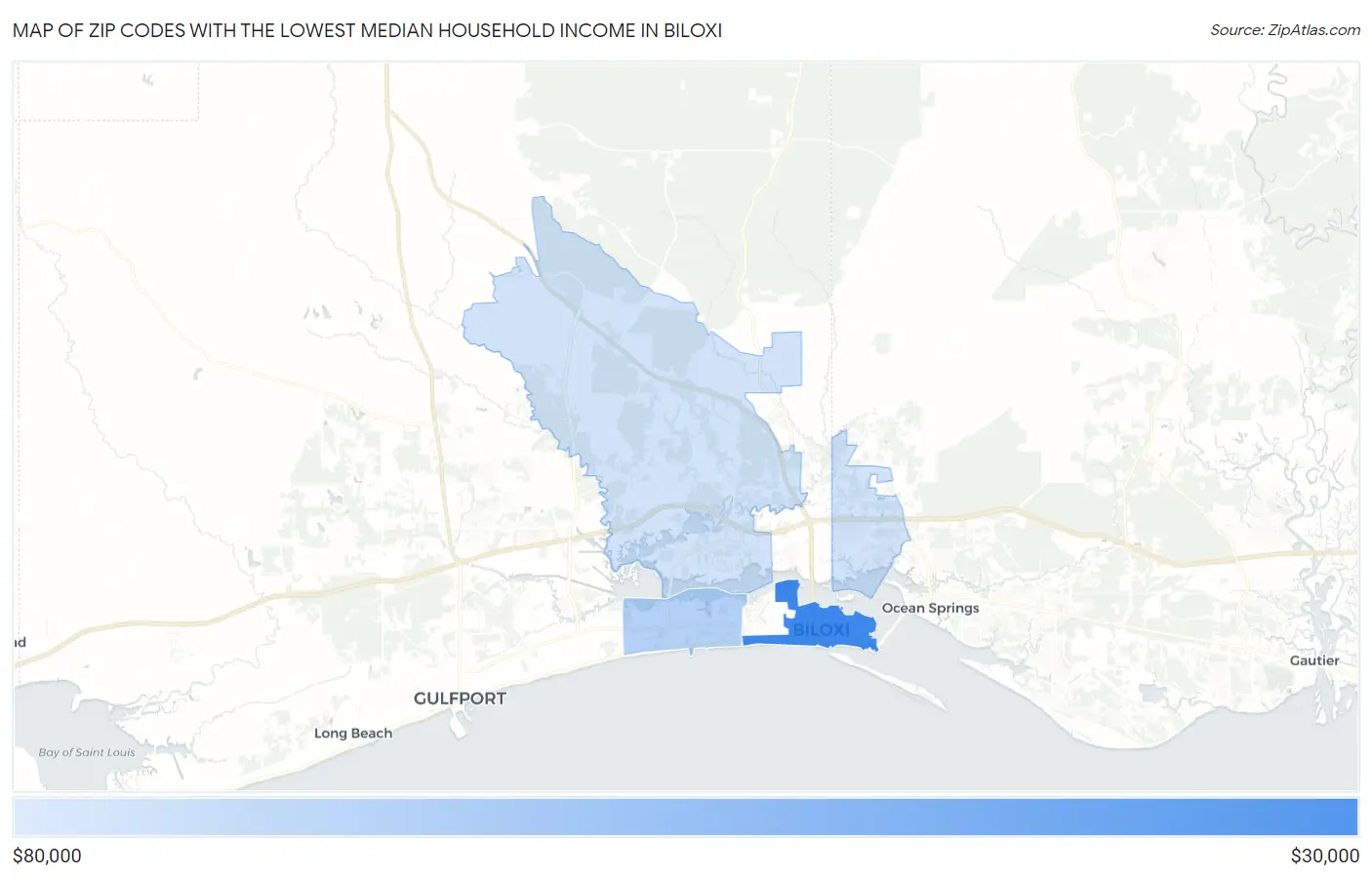 Zip Codes with the Lowest Median Household Income in Biloxi Map