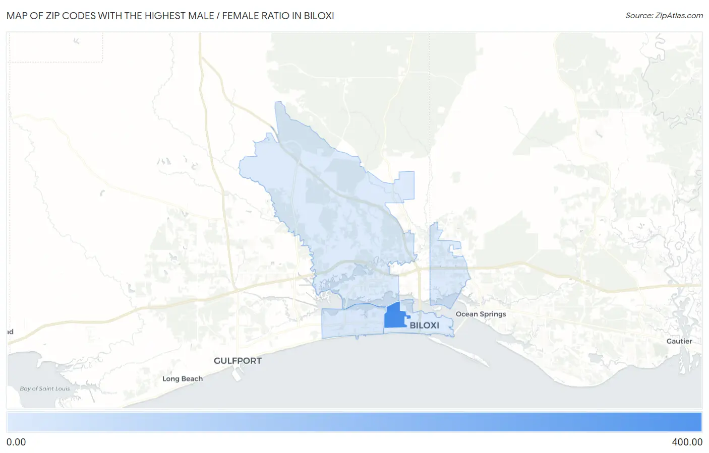 Zip Codes with the Highest Male / Female Ratio in Biloxi Map