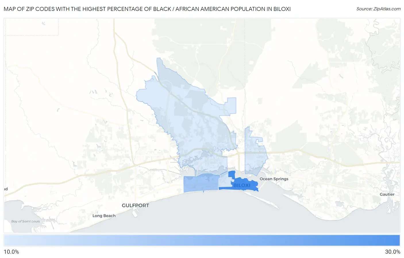 Zip Codes with the Highest Percentage of Black / African American Population in Biloxi Map