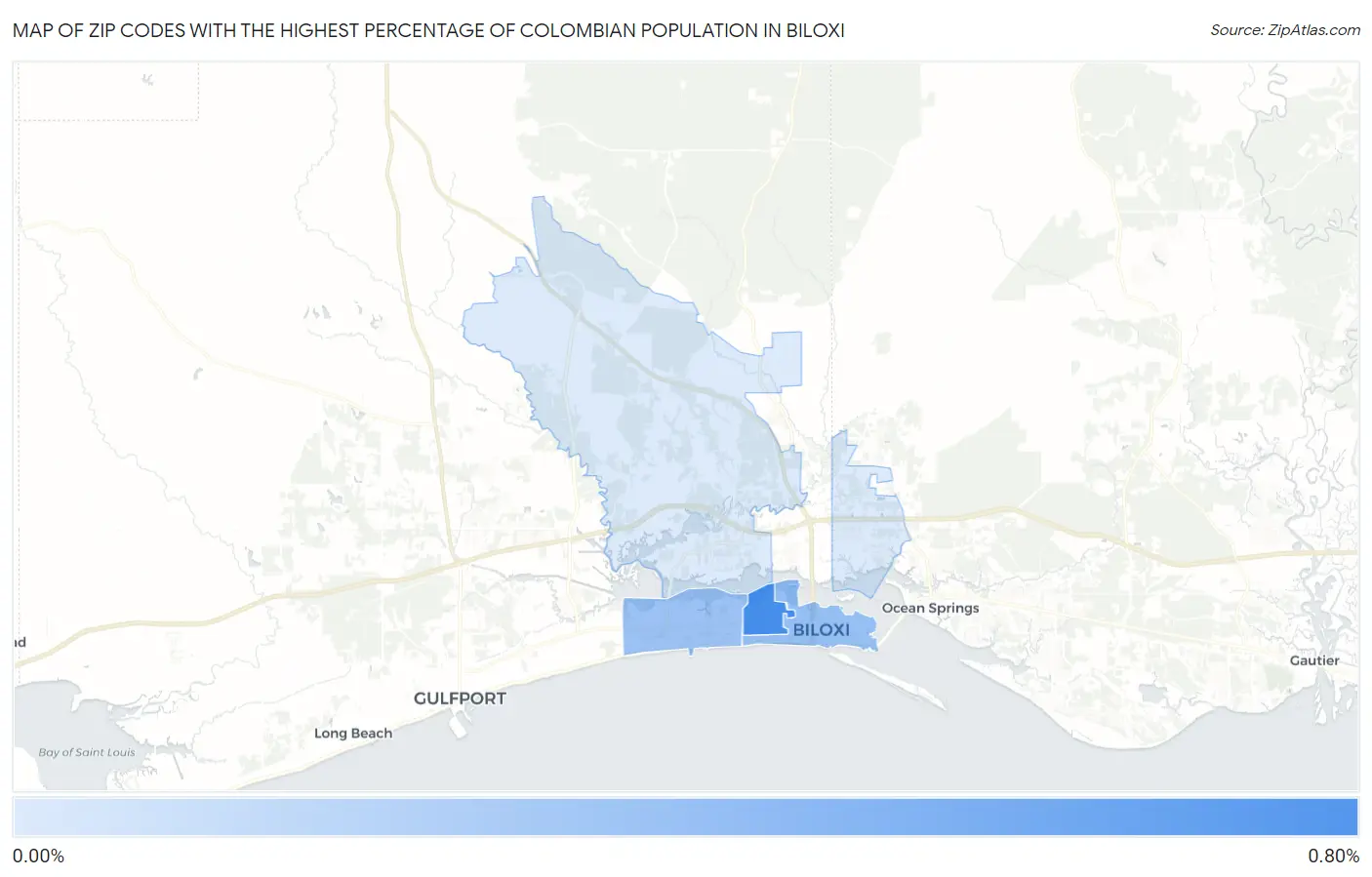 Zip Codes with the Highest Percentage of Colombian Population in Biloxi Map
