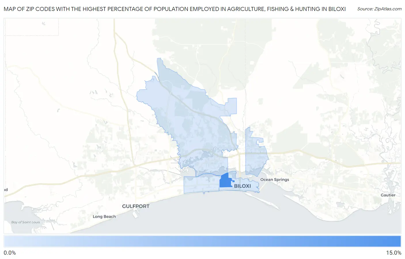 Zip Codes with the Highest Percentage of Population Employed in Agriculture, Fishing & Hunting in Biloxi Map