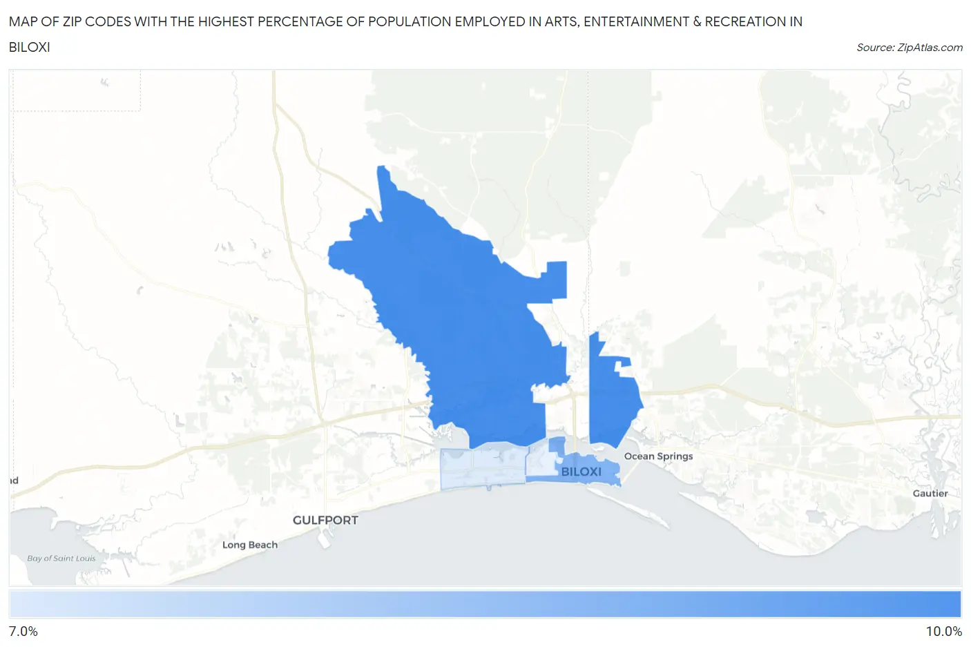 Zip Codes with the Highest Percentage of Population Employed in Arts, Entertainment & Recreation in Biloxi Map