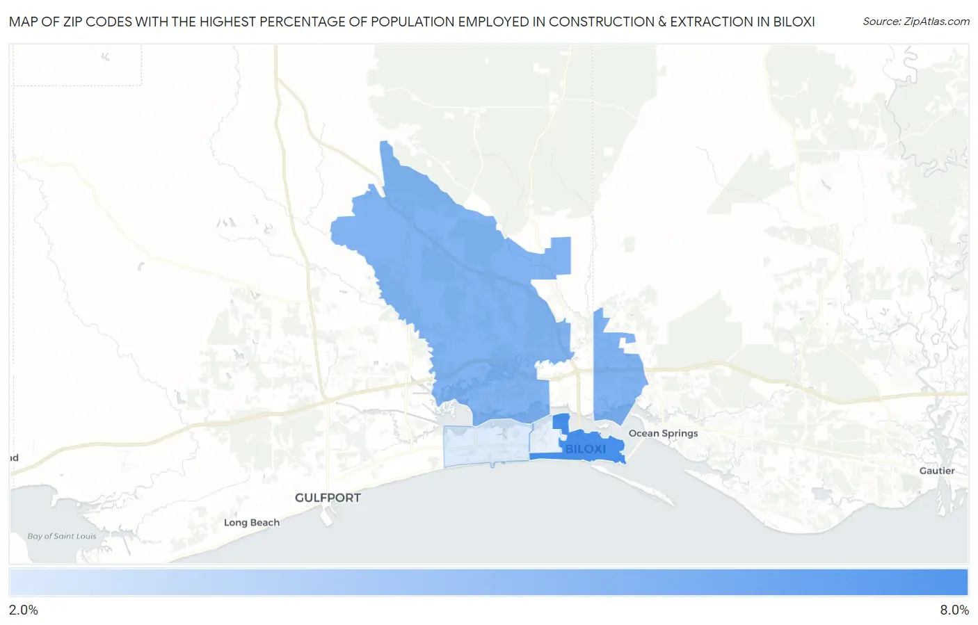 Zip Codes with the Highest Percentage of Population Employed in Construction & Extraction in Biloxi Map