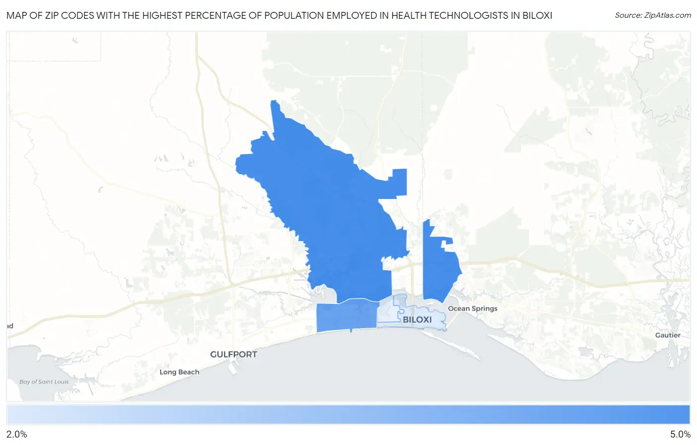 Zip Codes with the Highest Percentage of Population Employed in Health Technologists in Biloxi Map