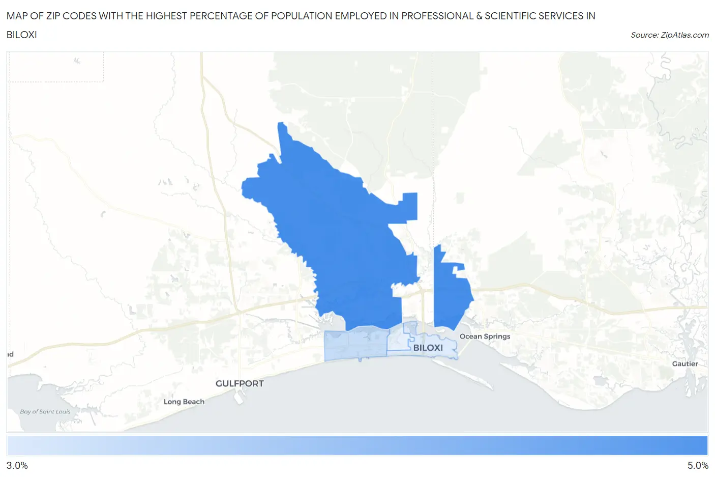 Zip Codes with the Highest Percentage of Population Employed in Professional & Scientific Services in Biloxi Map