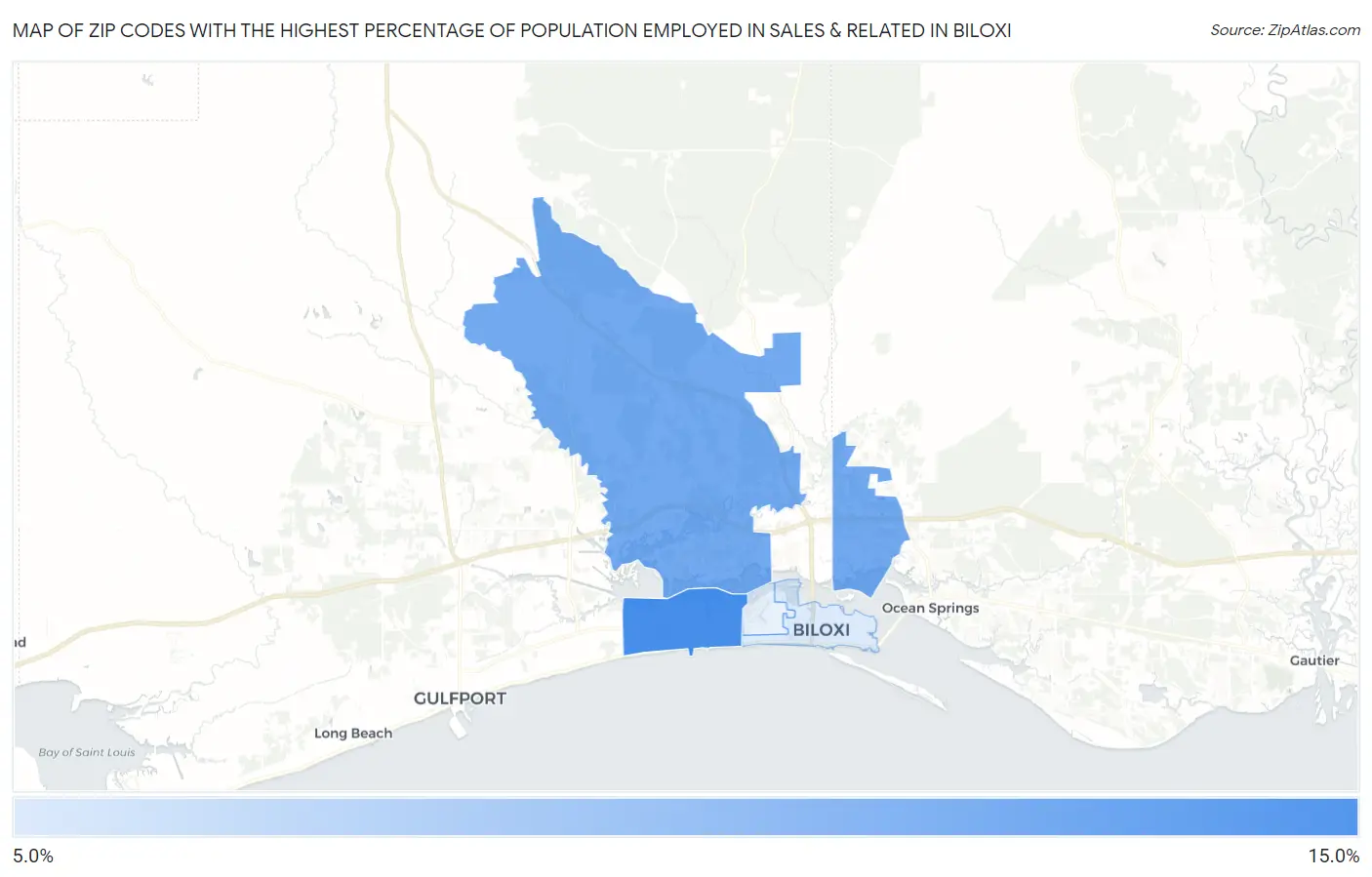 Zip Codes with the Highest Percentage of Population Employed in Sales & Related in Biloxi Map