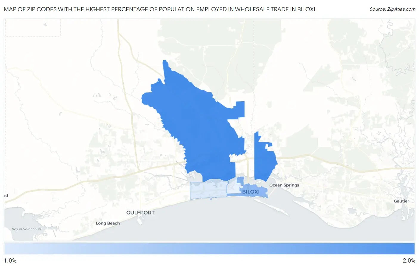 Zip Codes with the Highest Percentage of Population Employed in Wholesale Trade in Biloxi Map