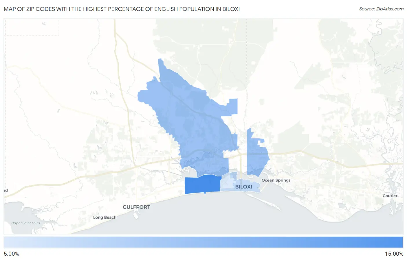 Zip Codes with the Highest Percentage of English Population in Biloxi Map