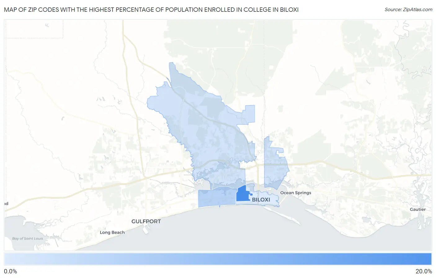 Zip Codes with the Highest Percentage of Population Enrolled in College in Biloxi Map