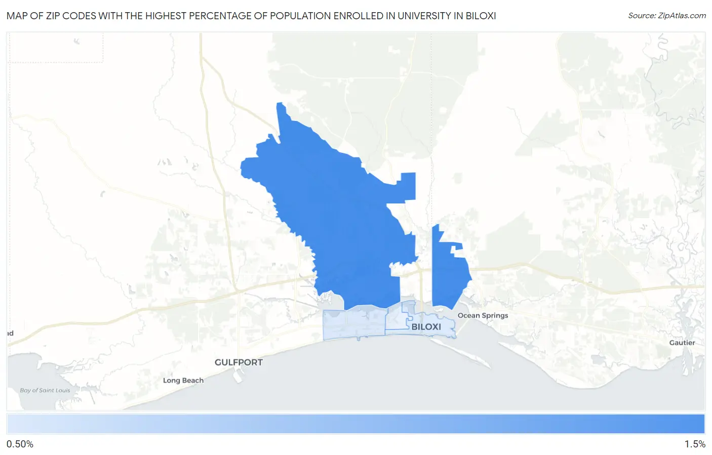 Zip Codes with the Highest Percentage of Population Enrolled in University in Biloxi Map
