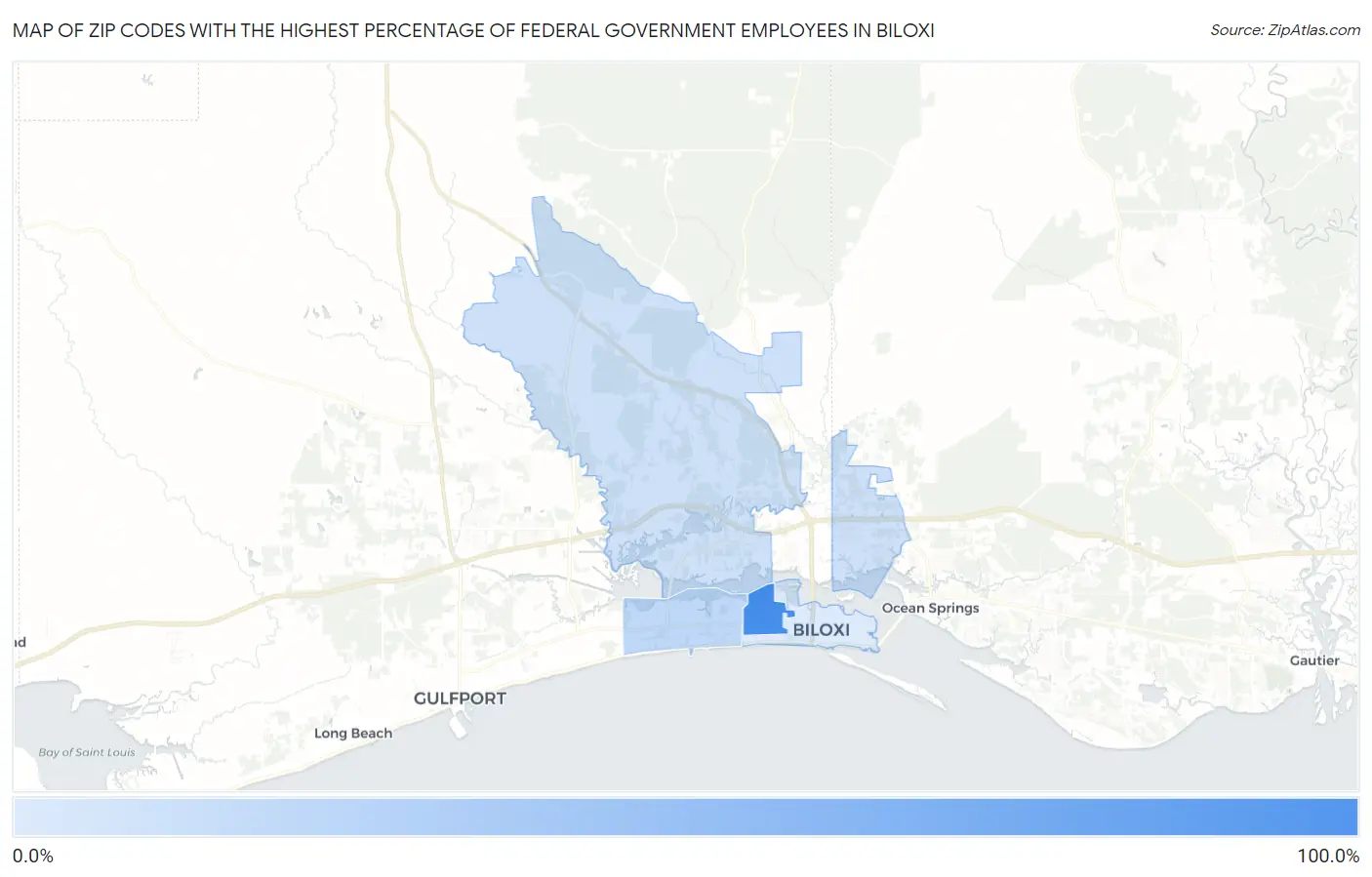 Zip Codes with the Highest Percentage of Federal Government Employees in Biloxi Map