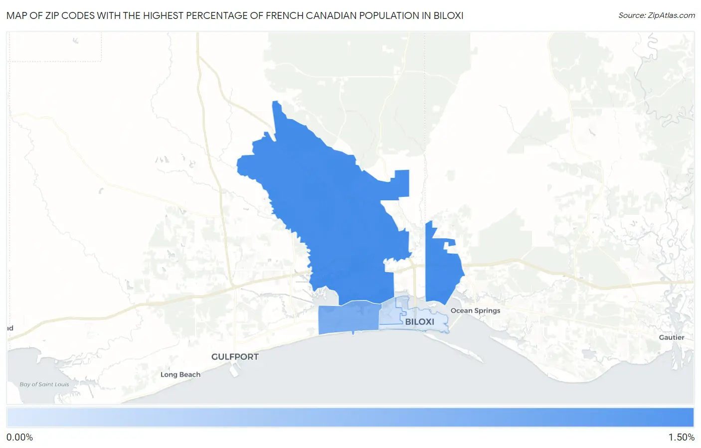 Zip Codes with the Highest Percentage of French Canadian Population in Biloxi Map