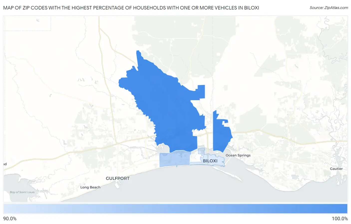 Zip Codes with the Highest Percentage of Households With One or more Vehicles in Biloxi Map