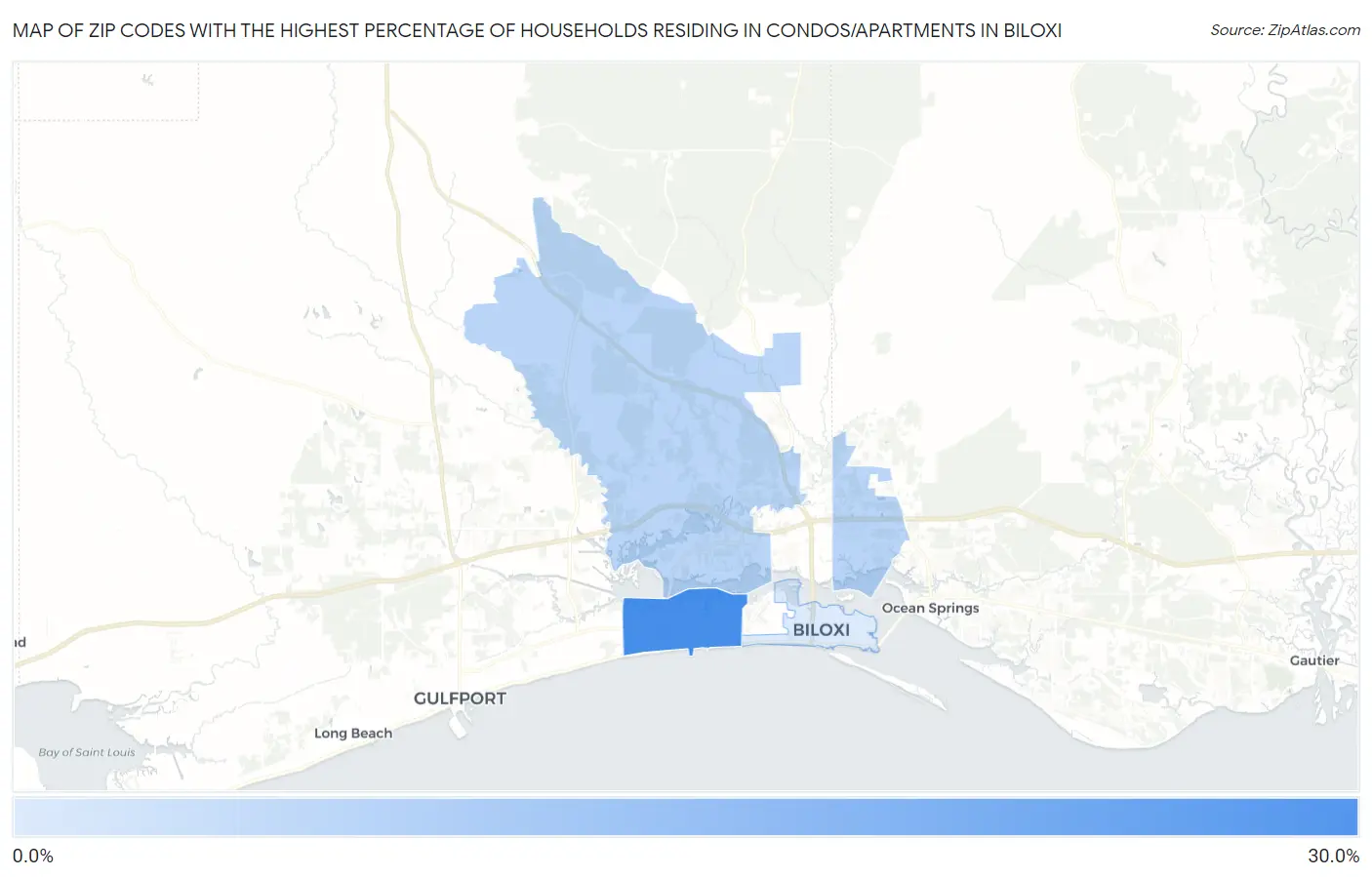 Zip Codes with the Highest Percentage of Households Residing in Condos/Apartments in Biloxi Map