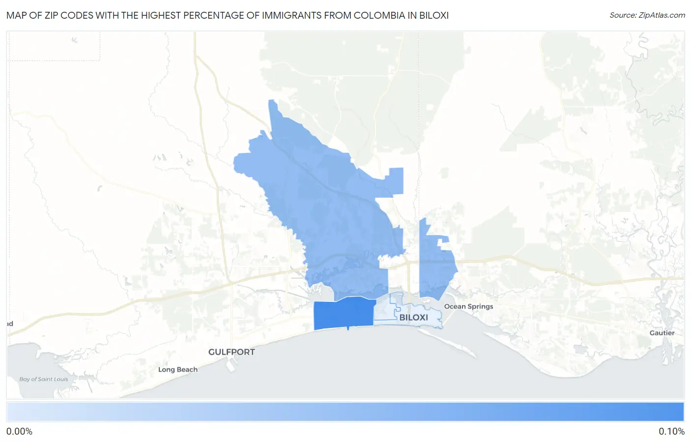 Zip Codes with the Highest Percentage of Immigrants from Colombia in Biloxi Map