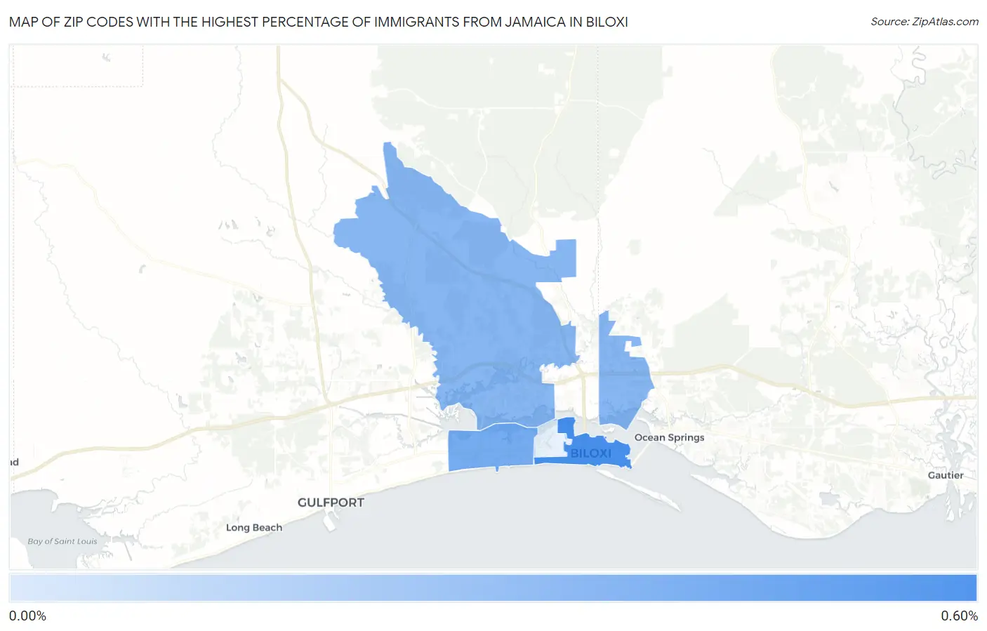 Zip Codes with the Highest Percentage of Immigrants from Jamaica in Biloxi Map