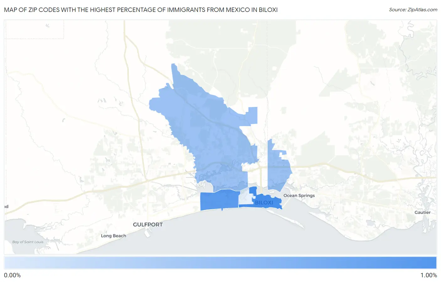Zip Codes with the Highest Percentage of Immigrants from Mexico in Biloxi Map